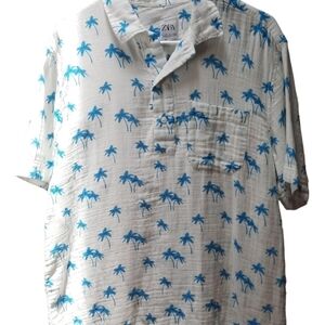 Zara Men's Palm Tree Short Sleeve Cotton Relaxed Fit Shirt
